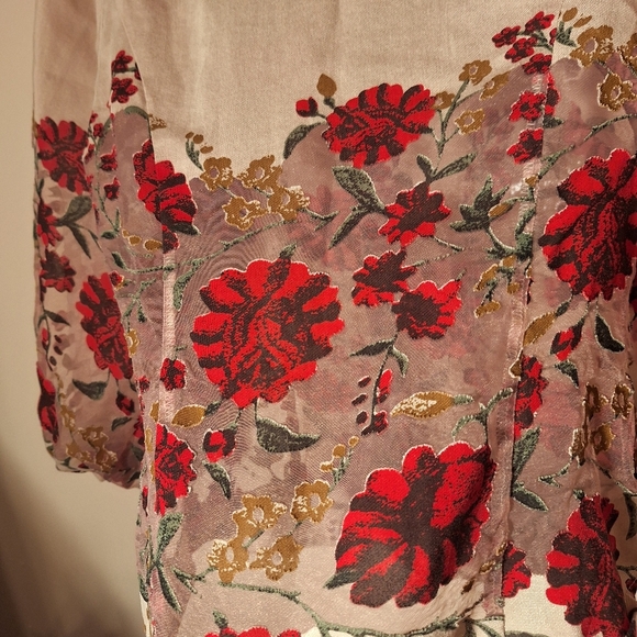 Gorgeous Red Rose Design Long Sleeved Button Down Blouse Sheer Parts Romantic - Picture 4 of 5